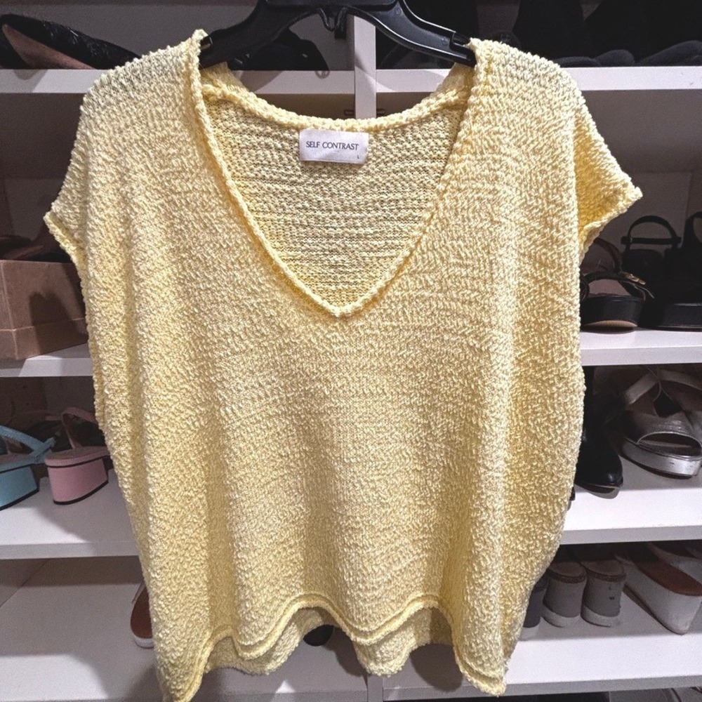 Self Contrast Sunshine Yellow Textured Knit V Neck Sweater Top L Oversized